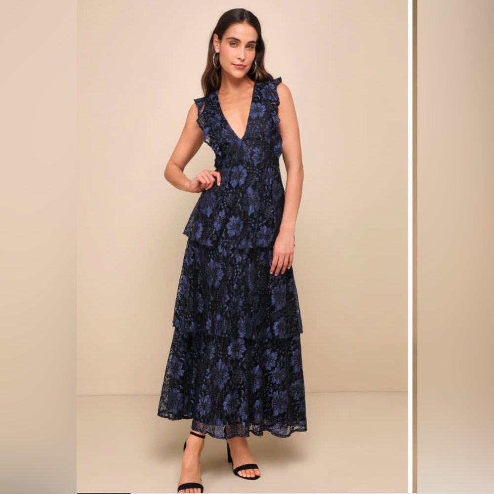 Molinetto Navy Blue Lace Ruffled Tiered Sleeveless Maxi Dress